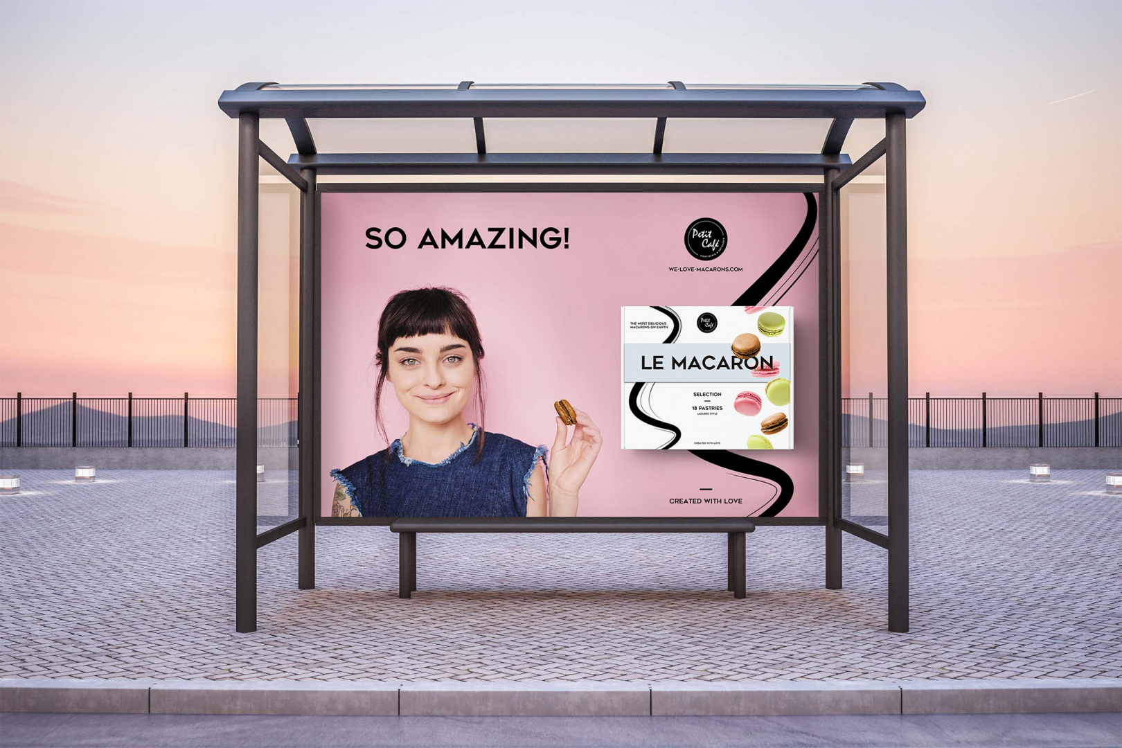 bus stop with big horizontal advertisement