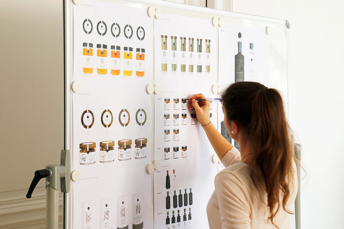 Twentyone Brands Einblick in die Agentur, eine Mitarbeiterin vor einem Whiteboard mit Kundenprojekt.
